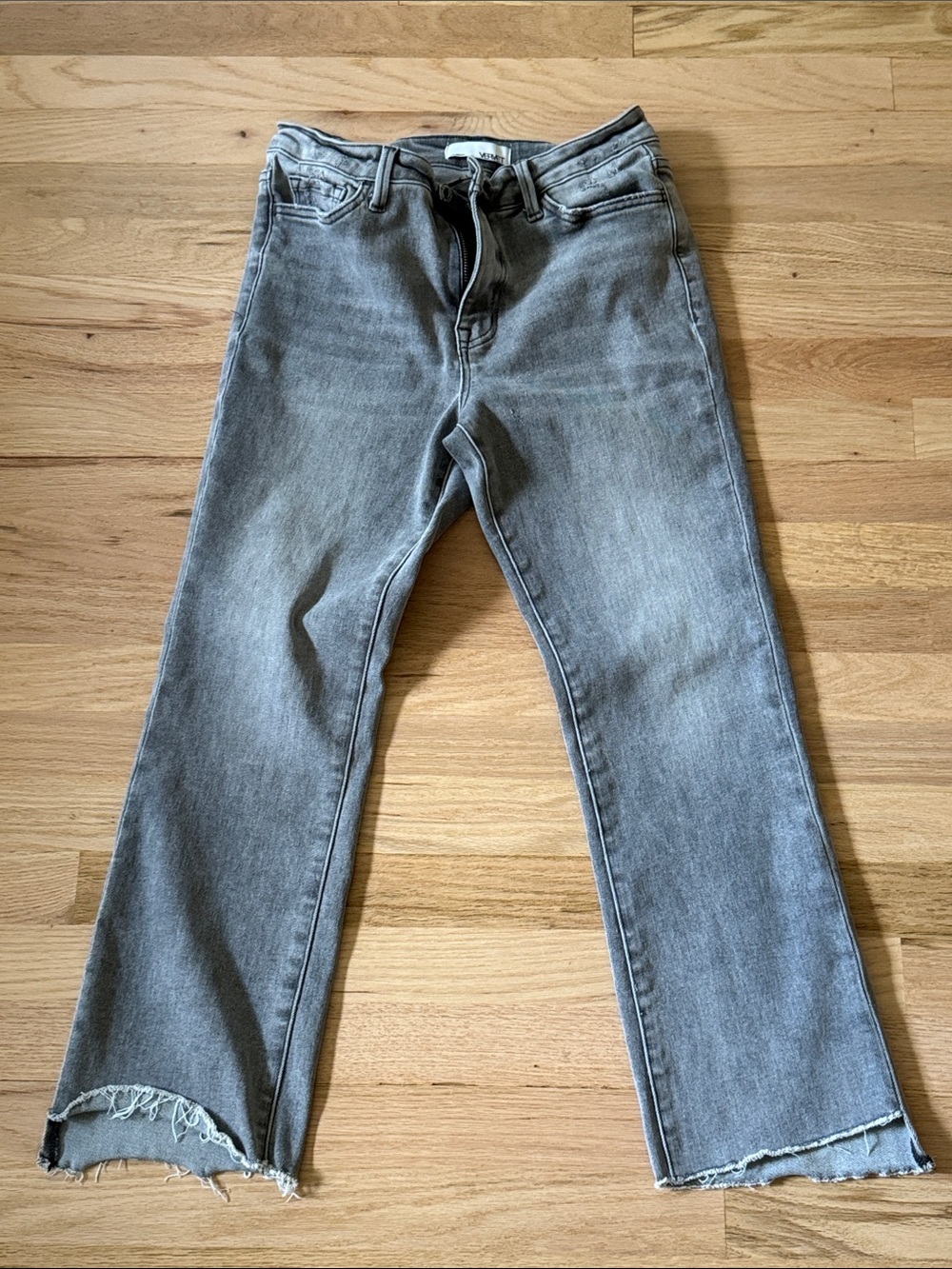 Vervet High Rise Boot Cut Gray Jeans with Raw Hem